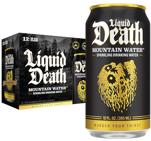 Liquid Death Sparkling Mountain Water, Real Mountain Source, Ice-Cold Cans, Infinitely Recyclable, 12 Fl Oz (Pack of 12)