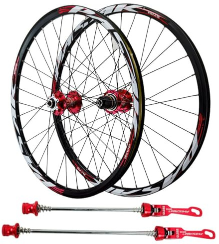 24inch Mountain Bike Wheelset Disc Brake Quick Release Bike Wheels Aluminum Alloy Double Wall Rim Youth Bike Front and Rear Wheels 7/8/9/10/11/12 Speed Cassette 32Holes(Red_24)