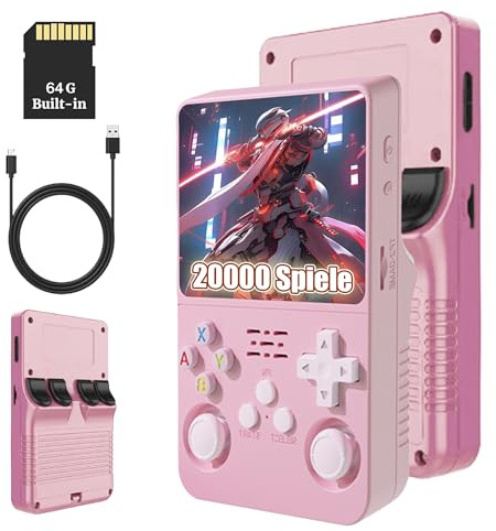 KINMRIS R36S Retro Handheld Spielkonsole, 64 G über 15000 Spiele, Retro Konsole 3,5-Zoll-IPS-Bildschirm, tragbare Spielkonsole für Kinder und Erwachsene, unterstützt mehrere Emulatoren (ROSA)