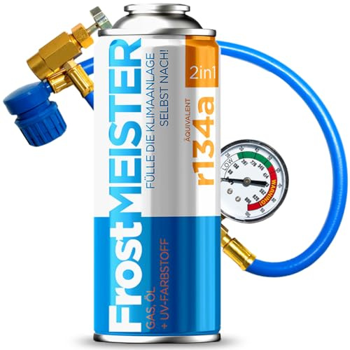 FrostMEISTER 2in1 – Auto-Klimaanlagen-Nachfüllset 400 ml inkl. Manometer-Schlauch für R134a (1995–2016) – Schnelle, Einfache & Sichere Anwendung
