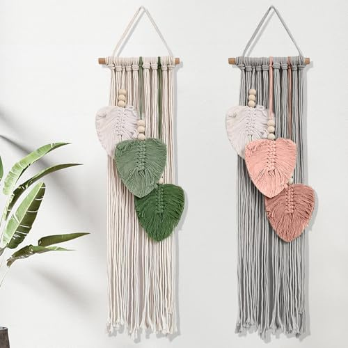 Arazzo da parete in macramè, 2 pezzi, decorazione da parete bohémien, con perle di legno e foglie verdi, fatti a mano, in pizzo, per camera da letto, cameretta dei bambini, decorazione da parete