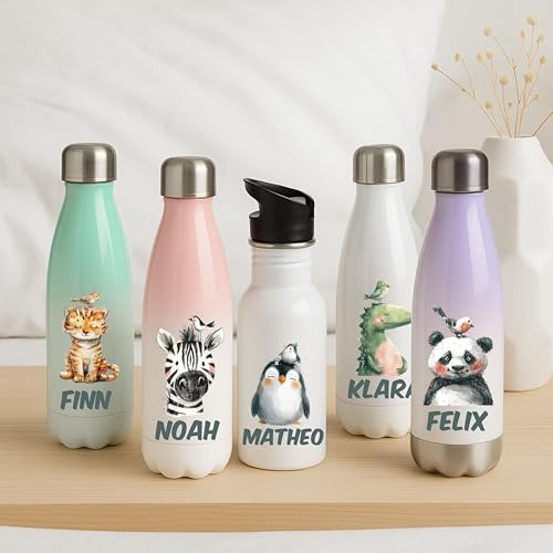 wolga-kreativ Edelstahl Kindertrinkflasche 500ml personalisiert – Tiermotiv mit Namen – Thermoflasche oder Strohhalm – BPA-frei auslaufsicher – Kindergarten Schule Geschenk