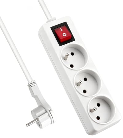 EXTRASTAR Bloc Multiprise 3 Prises 16A avec Interrupteur, Fiche Plate 1.5 m Blanc