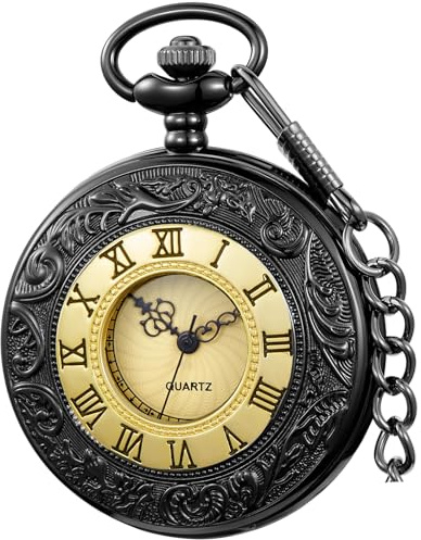 Tiong Orologio da tasca al quarzo da uomo, con numeri romani, con catena, per uomo e donna, 67-nero Oro, Classico