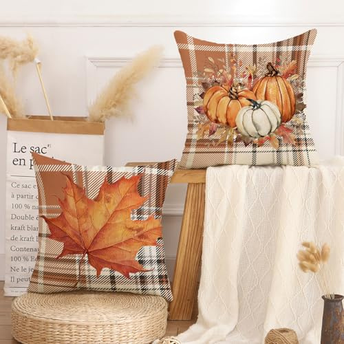 AwzyGous Housse de Coussin Canape Décoration Automne Orange Citrouille Feuille d'érable à Carreaux Housse Coussin de Canapé 40 x 40 cm Câlin pour Fauteuil Chambre Halloween Thanksgiving Lot de 2