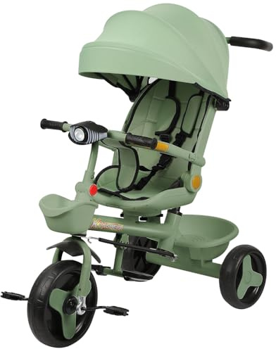 Dreirad für Babys, mitwachsend, 5 in 1, Fahrrad, Kinderwagen, mit 360 ° drehbarem Sitz, Schiebegriff, abnehmbarer Baldachin, 3-Punkt-Sicherheitsgurt, Aufbewahrung, 1 bis 5 Jahre (Grün, 5 in 1)