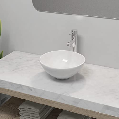 Lavabo de Salle de Bain with Céramique, Design Rond, Mitigeur Moderne, Vasque à Poser Salle de Bain, Lavabo Salle de Bain, Meuble Vasque Salle de Bain, Blanc, 325 x 140 mm