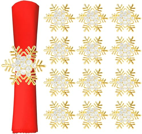 Anstore 12PCS Snowflake Napkin Rings Set, Gold Xmas Napkin Ring, Gold Christmas Napkin Rings, Alloy Snowflake Christmas Table Decor for Holiday Dinner Party Wedding Table Setting Napkin Ring Set of 12