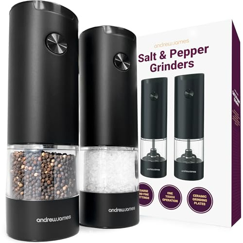 Andrew James Salt and Pepper Mills Electric Grinder Set Stainless Steel Illuminated Dispenser Adjustable Coarseness Ceramic Blades, One Touch Operation, Battery Power, 17.5cm x 5cm (Matt Black)