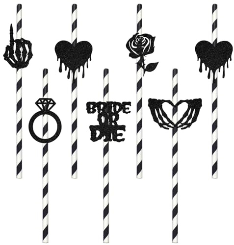 LANKBACK 24Pcs Bride or Die Paper Straws Halloween Wedding Decorations Rip Single Life Halloween Bachelorette Party Decorations Black