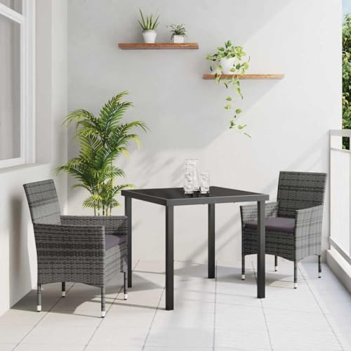 QJBSAVVA 3-TLG Gartenmöbel-Set Grau Polyrattan 80 cm Esstisch mit Bank und Kissen für Balkon/Terrasse