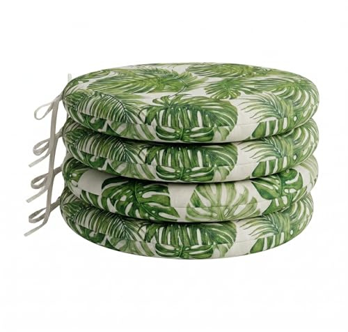 PIND Pack 4 Cojines Redondos para Silla 40x40x3,5 cm con Relleno de Espuma, con Cintas de Sujeción, Funda Efecto Lino Algodón y PES, Cojín Circular para Taburetes, Comedor y Terraza