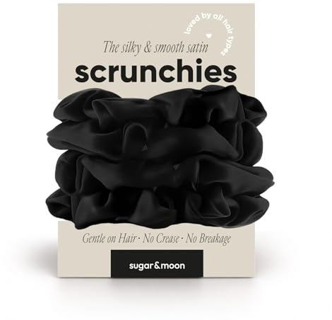 The Scrunchies • Satin-Haargummis 4er-Pack, weicher als Seide, gegen Frizz & Haarbruch, sanfter Halt für Frisuren, Haargummi für Schlaf & Nacht, Schwarz - sugar&moon