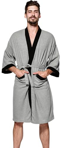 Haseil Men's Turkish Cotton Bathrobe Terry Cloth Kimono Robe Lightweight Waffle Robe Knee Length Bathrobe, Grey, Large