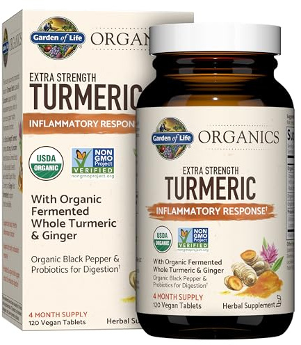 Garden of Life Organics Extra Strength Turmeric Inflammatory Response 120 Tablets-100Mg Curcumin (95% Curcuminoids) Black Pepper, Probiotics, Organic Non-GMO Vegan Gluten Free Herbal Supplement