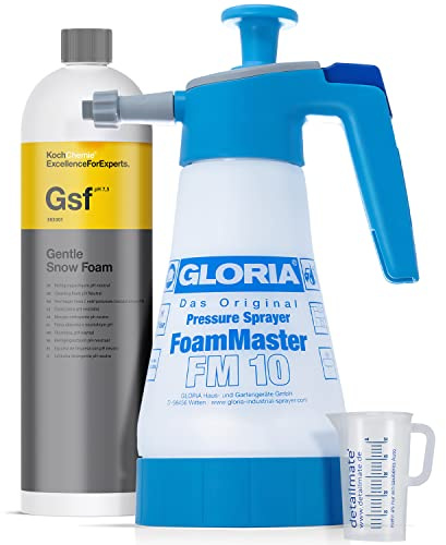 detailmate Vorwäsche Set: Gloria FM10 Schaumsprüher Foam Master 1L + Koch Chemie Gentle Snow Foam 1L + 50 ml Messbecher