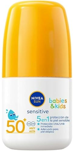 NIVEA SUN Babies & Kids Sensitive Roll-on FP 50+ (1 x 50 ml), crema solar para niños extra resistente al agua, crema solar para bebés y niños, protector solar roll-on para piel sensible