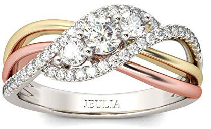 Jeulia Damen Dreifarbig Ringe Sterling Silber Verflochten Drei Steine Rundschliff Ringe Schmuck für Verlobungsring Trauring Ehering HochzeitsBand (52 (16.6))