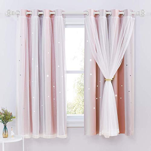 NICETOWN Sterne Gardinen Kinderzimmer Mädchen Verdunkelungsvorhang Kurz | 2er Set, H160 x B132 cm, Pink+Grau, Thermo Vorhang gegen Hitze, Doppellagige Vorhänge mit Hohlen Sternen und Voile, Ösen