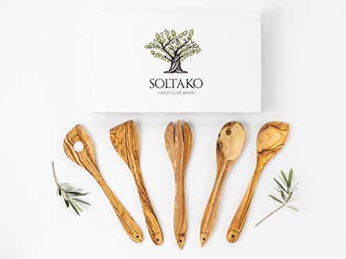 SOLTAKO Olivenholz Kochlöffel 5er Set Big Five, Küchenutensilien aus Oliven Holz
