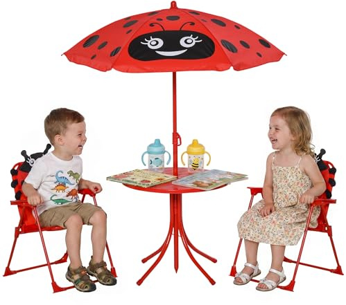 Outsunny Tavolo da Picnic per Bambini, Set Tavolo e Sedie con 2 Sedie Pieghevoli e Ombrellone Removibile, Tema Rana, Set da Esterno per Giardino, Patio, Rosso