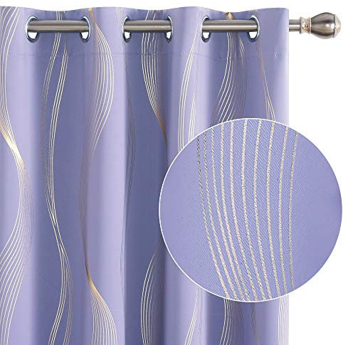 Deconovo Blackout Eyelet Curtains Thermal Insulated Gold Wave Line Foil Printed Curtains for Bedroom 46x90 Inch Light Purple 2 Panels