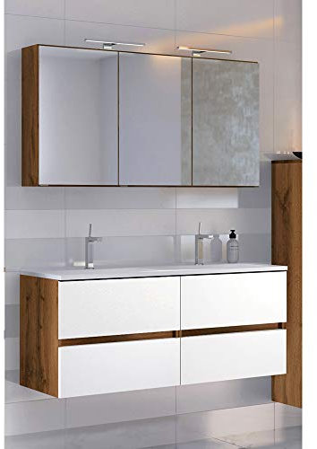 Lomadox Doppelwaschplatz Badmöbel Set 120 cm inkl. Mineralgussbecken und LED-Beleuchtung in Wotaneiche Nb. mit matt weiß, B/H/T: ca. 120/200/47 cm
