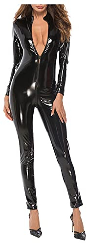 AMhomely Womens Wet Look Leather Jumpsuit Patent Faux PU Catsuit Leotard Romper Long Sleeve Zipper Clubwear Slutty Lingerie Glosed Shiny Flattering Playsuit Tigh Bodysuit, 01 Black, M