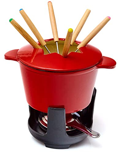 Bonvivre© Juego de Fondue de Hierro Fundido para 6 Personas | 1 litro | Juego de Fondue de 13 Piezas | esmaltado Adecuado para Fondue de Queso Fondue de Chocolate para Fondue de Carne