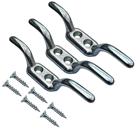 TERF® Heavy Duty Rope Cord Cleat Hooks 90mm [3.54''] Silver Washing Line Blind Curtain Ship Flagpole Cord Rope Cleat Hooks with Fixing Screw and Multi Purpose Use - Pack of 3