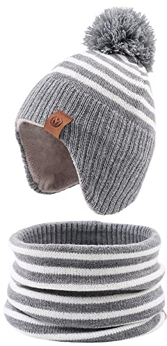 XIAOHAWANG Baby Mütze Winter Klassische Kindermütze Mädchen Jungen Warme Strickmütze mit Pompon Kleinkind Bommelmütze für Outdoor-Aktivitäten (2-4Jahren, Grau(Hut+Schal))