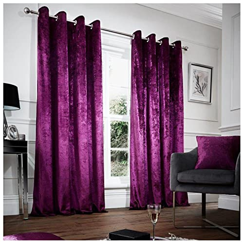 GC GAVENO CAVAILIA Aubergine Crushed Velvet Curtains 66 X 72, Pair Of Thermal Insulated Eyelet Ring Top Curtains, Lined Curtains For Bedroom, Living Room