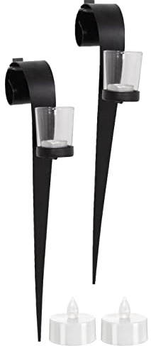 Novaliv 2X Wandkerzenhalter + 2X LED Teelichter 16 x 43 x 6 cm Schwarz LED Kerze Teelichterhalter aus Metall mit Glas Kerzenhalter Dekoration Wanddeko Vintage Deko Teelicht LED Licht Wandhalter