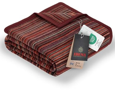 Ibena Malang Wolldecke 150x200 cm - Baumwollmix weich, warm & waschbar, Kuscheldecke Streifen rot grau