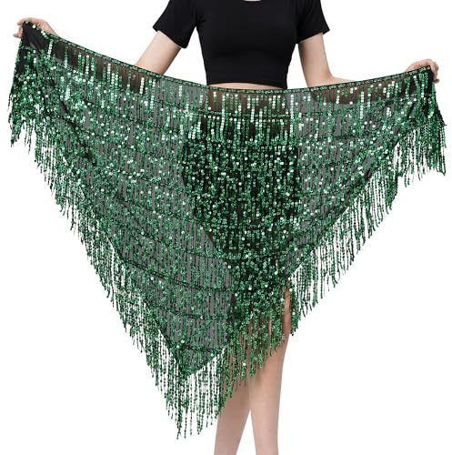 MUNAFIE Bauchtanz Hüfttuch, Pailletten Fransen Glitzer Rock Rave Festival Outfit Damen Schwarz Grün