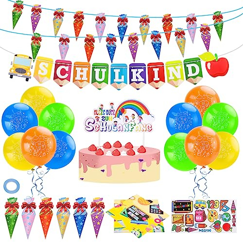 Yotako Einschulung Deko, 52 Stück Schulanfang Deko, 20 Einschulung Servietten+12 Luftballon mit ABC+ 2 Schulanfang Girlande Banner, Schuleinführung Deko Set für Zuckertüte for Adults Men Women