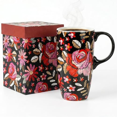 Topadorn 17oz Ceramic Travel Mug with Lid and Gift Box, Rose Floral Print | Microwave & Dishwasher Safe, Fits Car Cup Holders, Large 500ml Capacity, Natural Coffee Taste, Ideal for Home and Office Use