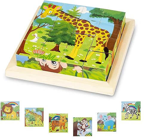 Bilderwürfel Holz, Holzpuzzle 3D Würfelpuzzle Puzzlespiele 6 in 1 Tier-Motive für Kinder ab 1 2 3 Jahre, Montessori Lernspielzeug Geschenk für Jungen und Mädchen