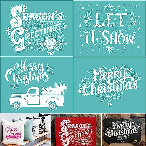 4 Stück 21,6 x 27,9 cm Weihnachten Siebdruck Schablonen Wiederverwendbare Selbstklebende Frohe Weihnachten Kreide Mesh Schablonen Siebdruck Schablone zum Drucken auf
