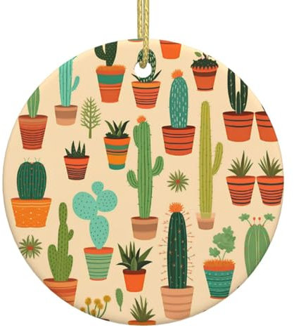 Adornos de Navidad con patrón de cactus, decoraciones de Navidad, adornos colgantes de árbol de Navidad, regalo festivo redondo de cerámica para decoraciones de Navidad, decoraciones de fiesta en el