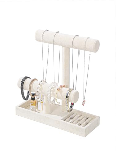 Coward 2 Tier Necklace Bracelet Holder Organizer With ring Tray, Multi-use Jewelry Display Stand For Necklace Bracelet Bangle Watch Scrunchie (Beige/no Lid)
