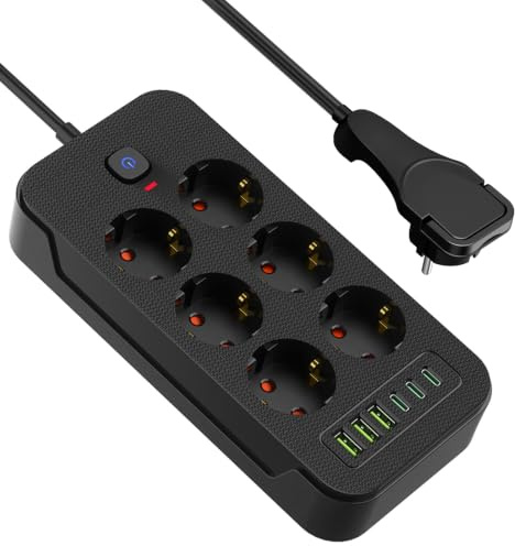 Steckdosenleiste mit Schalter, AOUOO Mehrfachsteckdose mit Flexible Kable, 2 USB/Type-c (5V/3.1A) auf Doppel Typ-C Euro Buchse, Max. 250 V / 16A für TV PC Monitor Schwarz