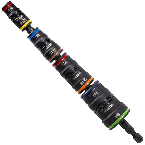 Klein Tools 32934 Impact Driver, 9-in-1 SAE Impact Socket Set, 4 Flip Sockets with 1/4, 5/16, 3/8, 7/16, 1/2, 9/16, 5/8, and 3/4-Inch Nut Driver Sizes with Bit Holder, 6-1/2-Inch Shaft
