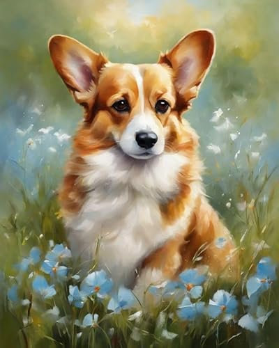 ZMHZMY Malen nach Zahlen Erwachsene,Corgi und Blumen DIY Handgemalt Ölgemälde Kits auf Leinwand Geschenk für Weihnachten Geburtstag Home Haus Deko - Ohne Rahmen