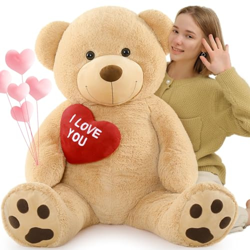 MorisMos 130cm Teddybär groß XXL mit Herz I Love You, Hellbraun riesen Teddys, großer Bär Kuscheltier XXL, Kinder Mädchen Freundin Baby Jungen