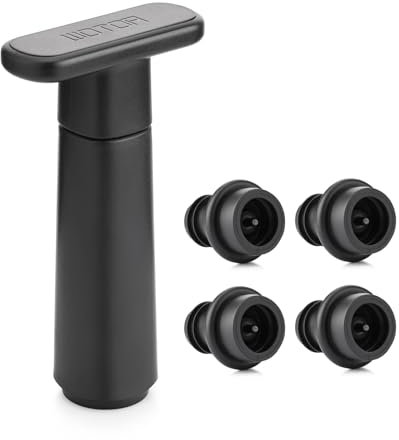 WOTOR Pompa sottovuoto per vino, con 4 tappi, tappo e conservante, riutilizzabile, mantiene fresco, accessorio ideale come regalo (manico piatto)