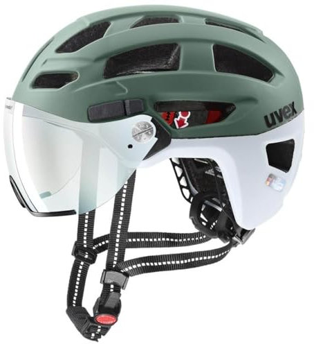 uvex Finale Visor V - sicherer City-Helm für Damen und Herren - mit selbsttönendem Visier - inkl. LED-Licht - Moss Green-Cloud matt - 52-57 cm