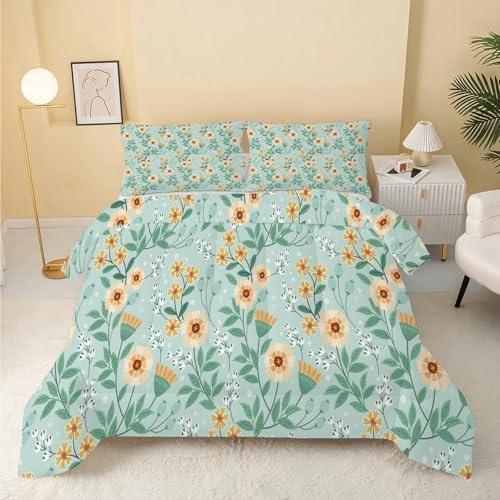 Grüne Blätter Bettdecke 135x200 4 Jahreszeiten, Wende Steppdecke 135x200, Warme Ganzjahresdecke Gelbe Blumen Bettdecke ohne Bezug Waschbar Schlafdecke mit 2 Kissenbezug 80x80cm