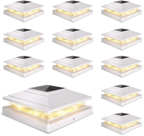 Solar Post Cap Lights Outdoor 12pack, Waterproof Fence Post Solar Lights for 4x4 5x5 6x6 Wood/Vinyl Posts, White Deck Post Lights with 2 Color Modes Decorate Garden Patio Porch Backyard