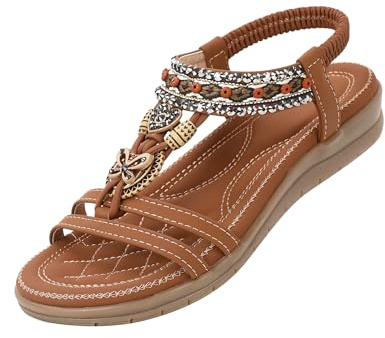 SOLOYEE Sandals for Women Summer Bohemian Casual Shoes Ladies Faux Leather Open Toe Flat Sandal with Sparkling Flower-Shaped Rhinestone Brown, 5 UK